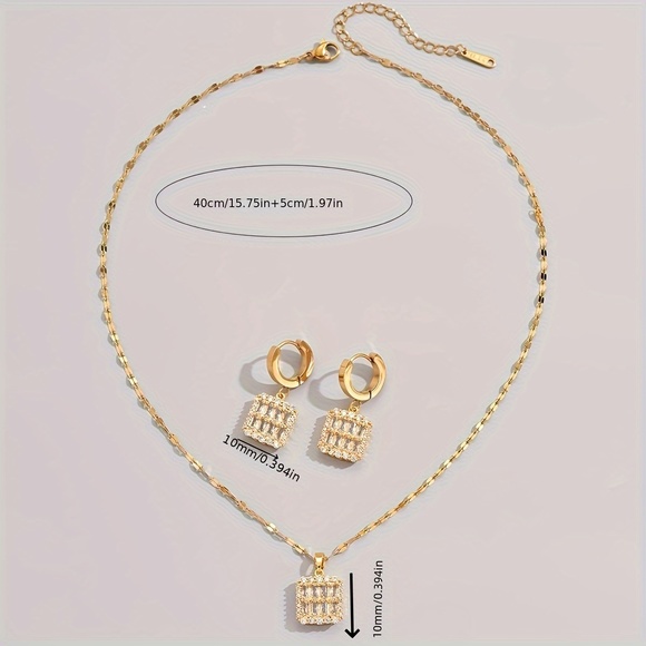Golden Stainless Steel Earrings + Necklace Jewelry Set, 3pcs/Set - Picture 2 of 5